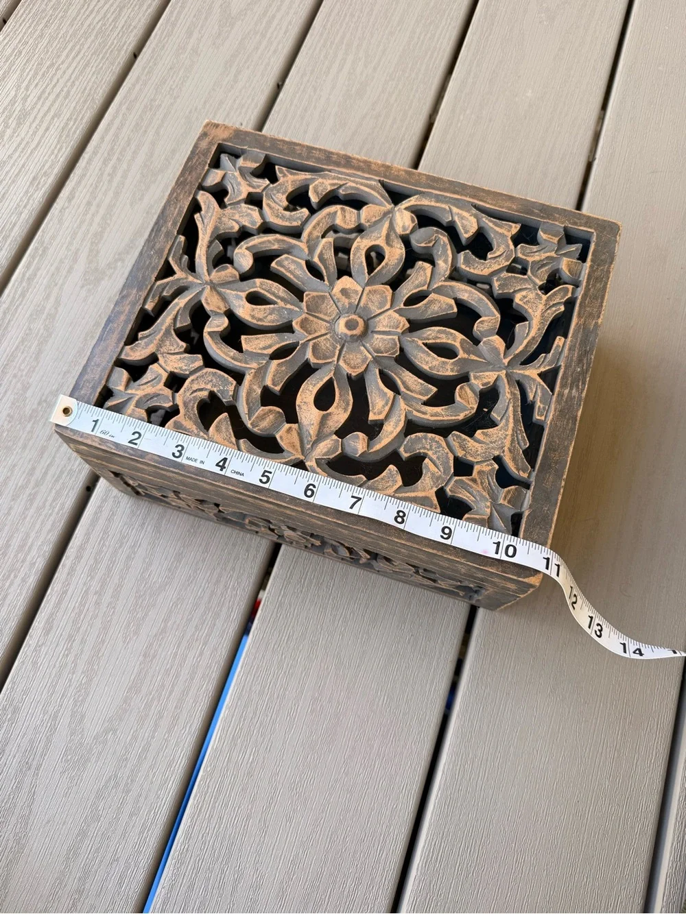 Carved Wood Floral Openwork Keepsake Jewelry Box Made in India
